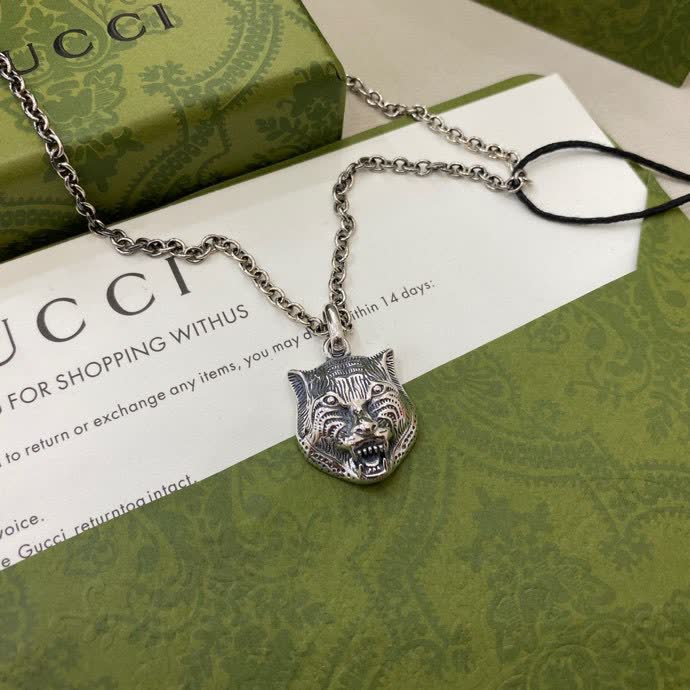 Gucci Silver Tiger Head Pendant Necklace