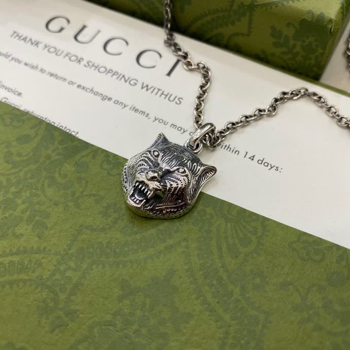 Gucci Silver Tiger Head Pendant Necklace
