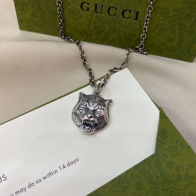 Gucci Silver Tiger Head Pendant Necklace