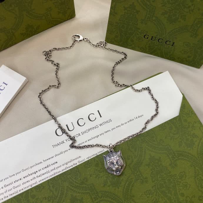 Gucci Silver Tiger Head Pendant Necklace