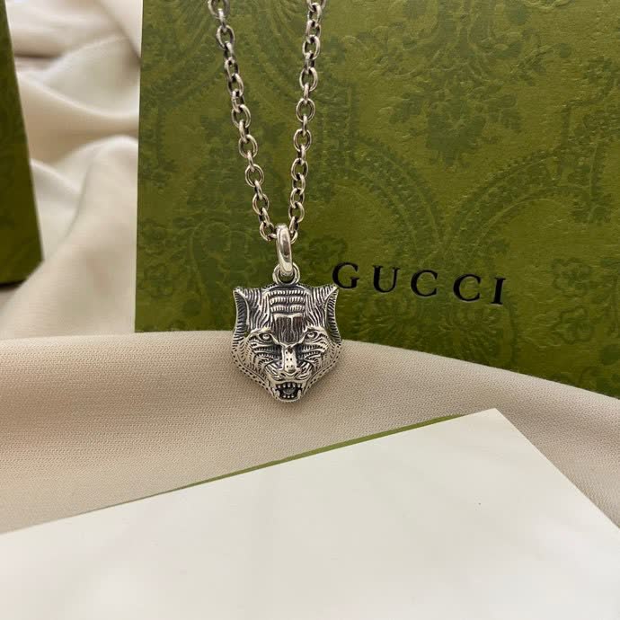 Gucci Silver Tiger Head Pendant Necklace