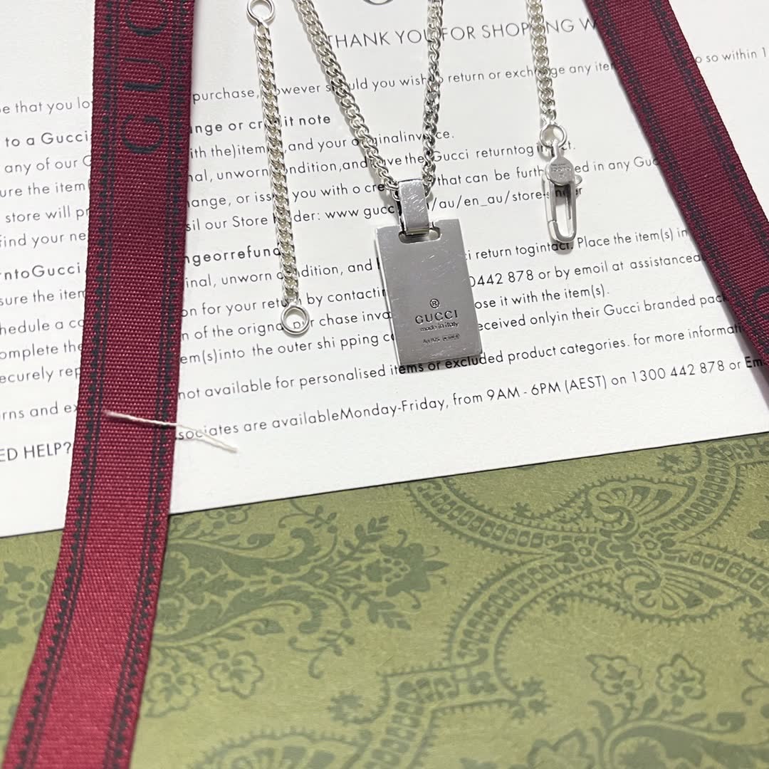 Gucci Silver Chain Necklace with Perforated Rectangle Pendant