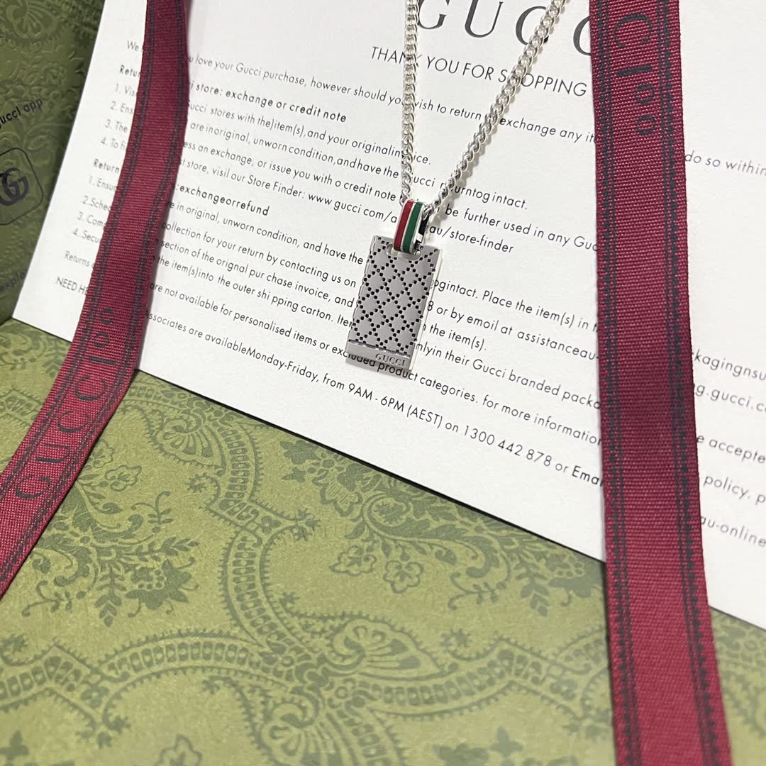 Gucci Silver Chain Necklace with Perforated Rectangle Pendant