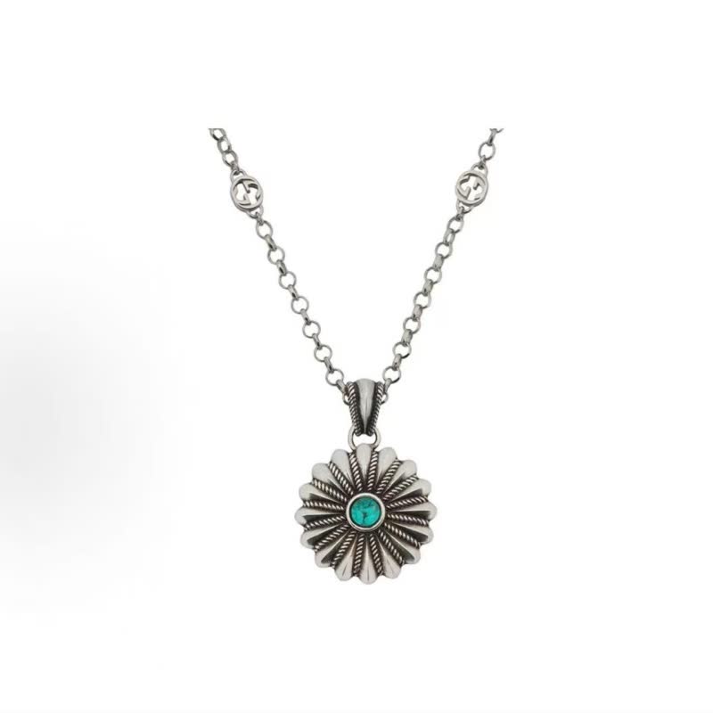 Gucci Silver Flower Pendant Necklace with Green Stone