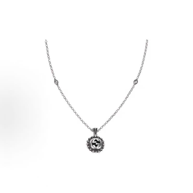 Gucci Silver Flower Pendant Necklace with Green Stone