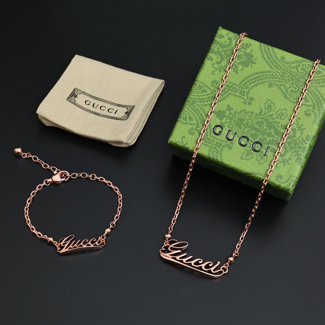Gucci Rose Gold Logo Bracelet and Necklace Set