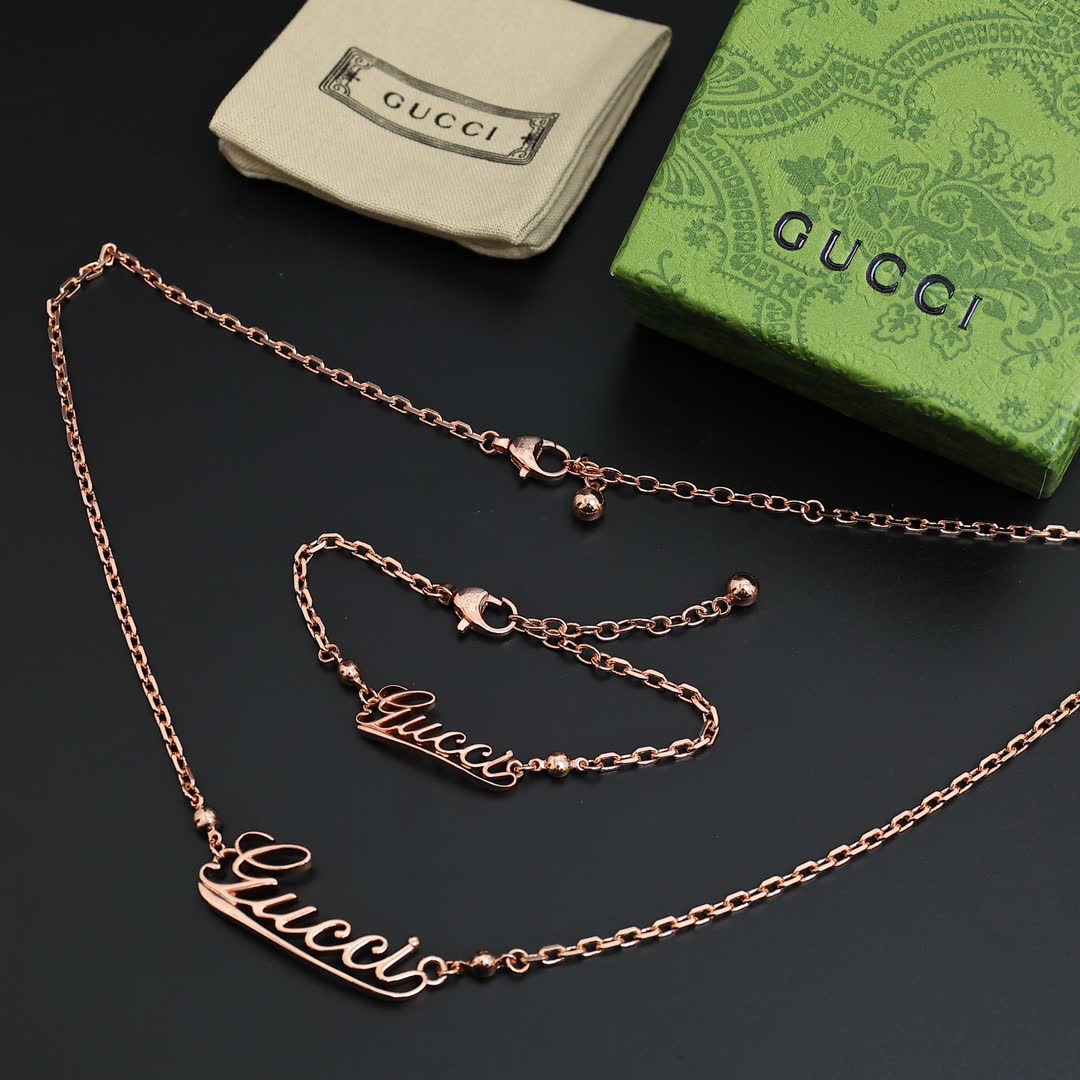Gucci Rose Gold Logo Bracelet and Necklace Set