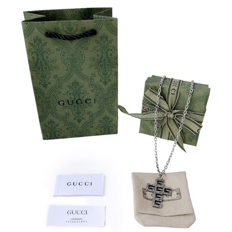 Gucci Silver Tone Logo Pendant Necklace