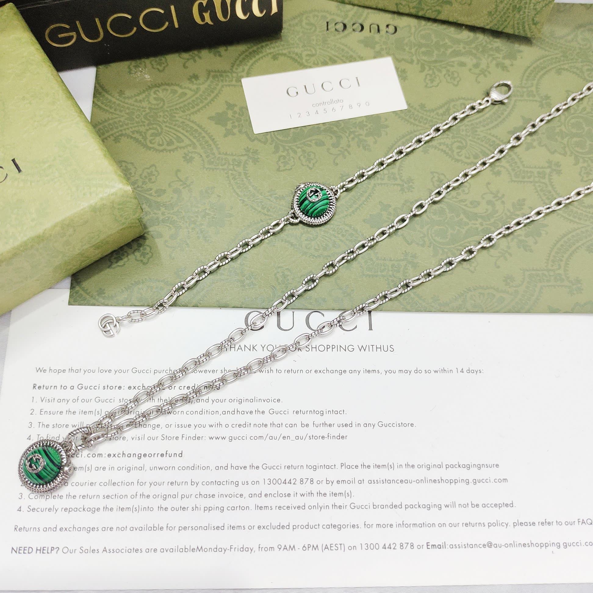 Gucci Silver Chain Necklace with Green Enamel and Logo
