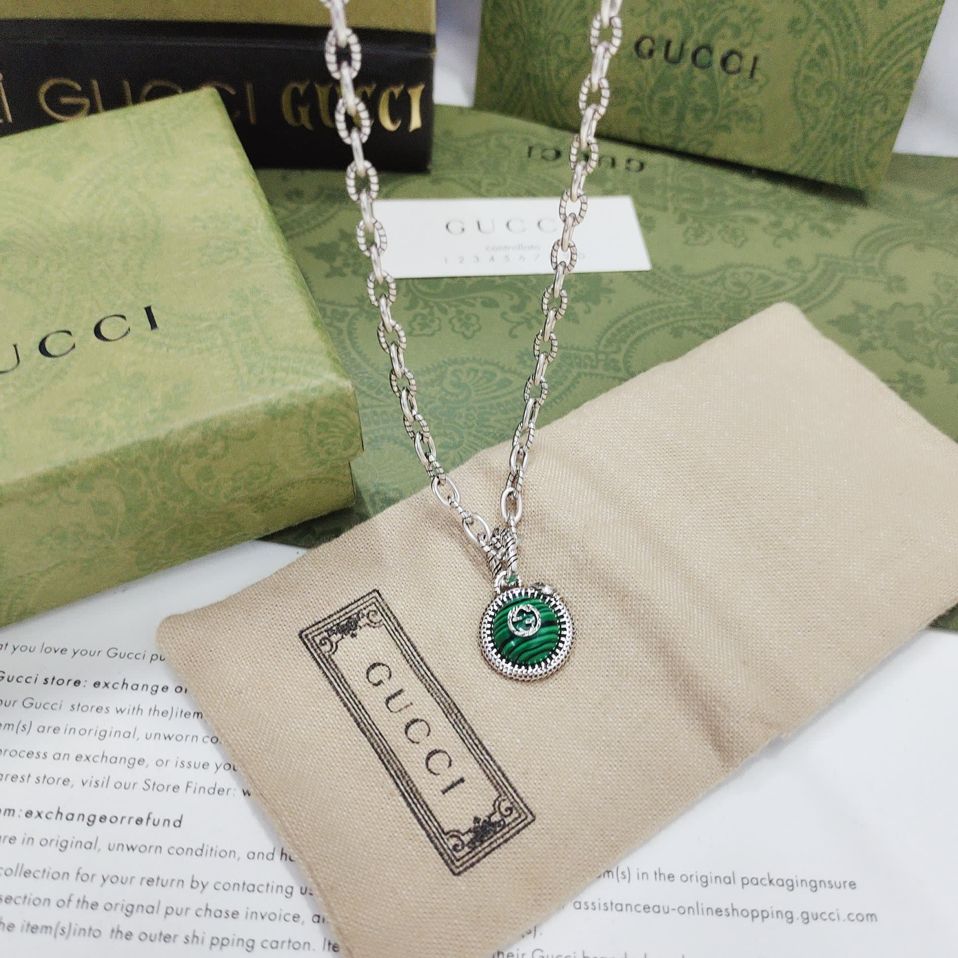 Gucci Silver Chain Necklace with Green Enamel and Logo