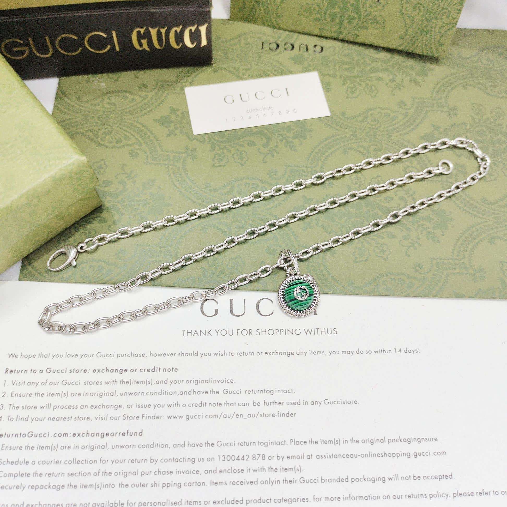 Gucci Silver Chain Necklace with Green Enamel and Logo