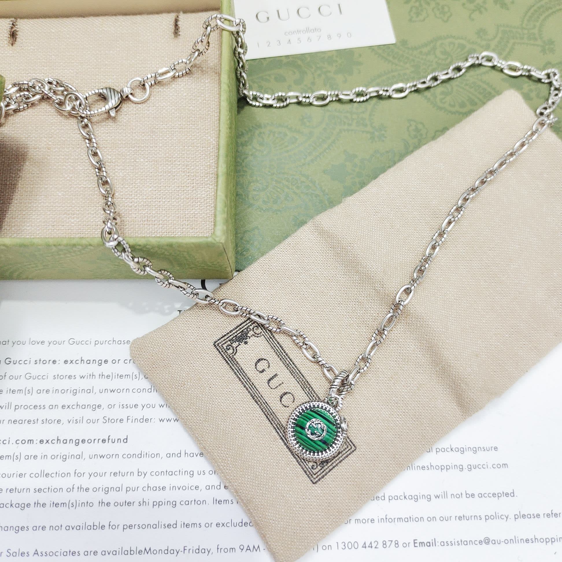 Gucci Silver Chain Necklace with Green Enamel and Logo