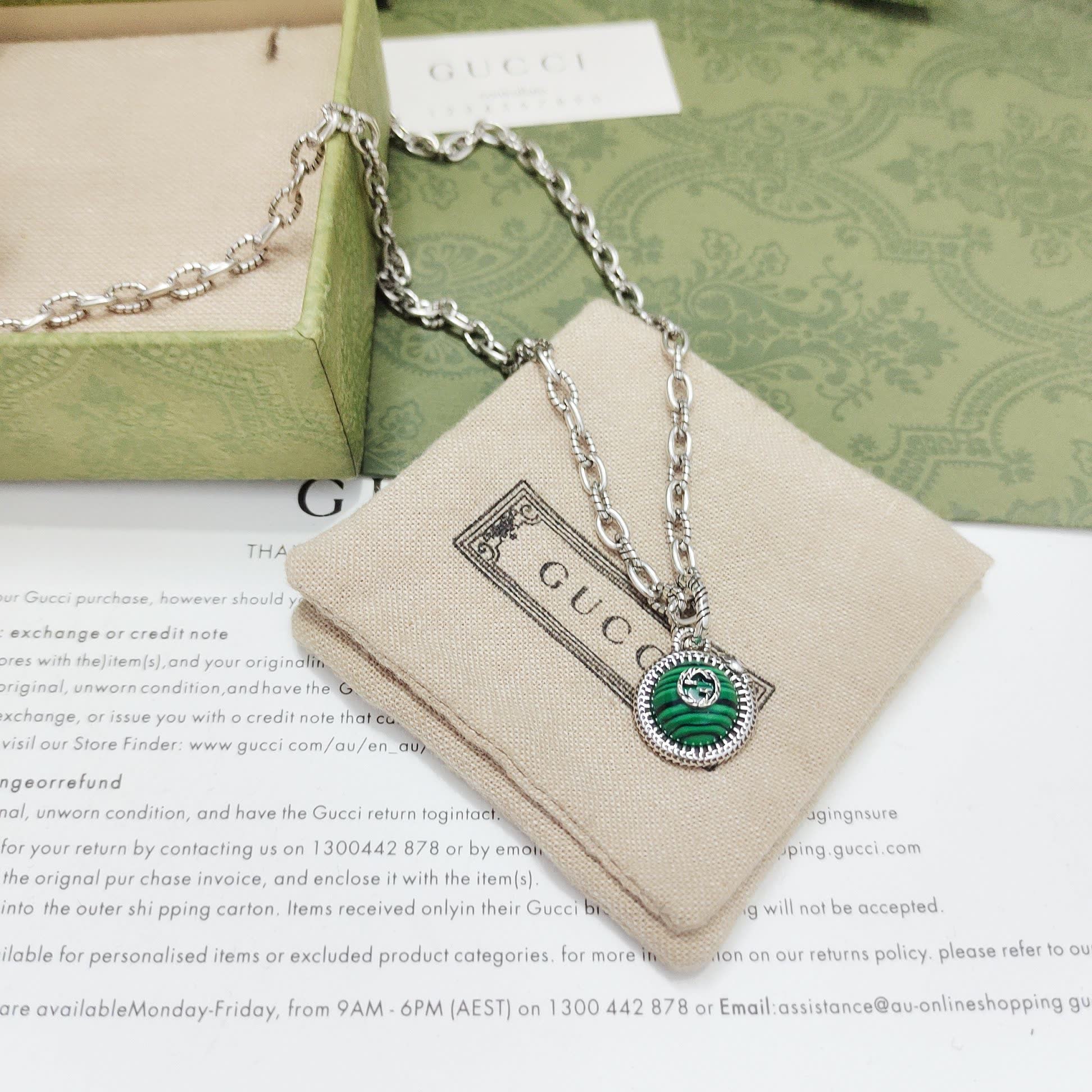 Gucci Silver Chain Necklace with Green Enamel and Logo