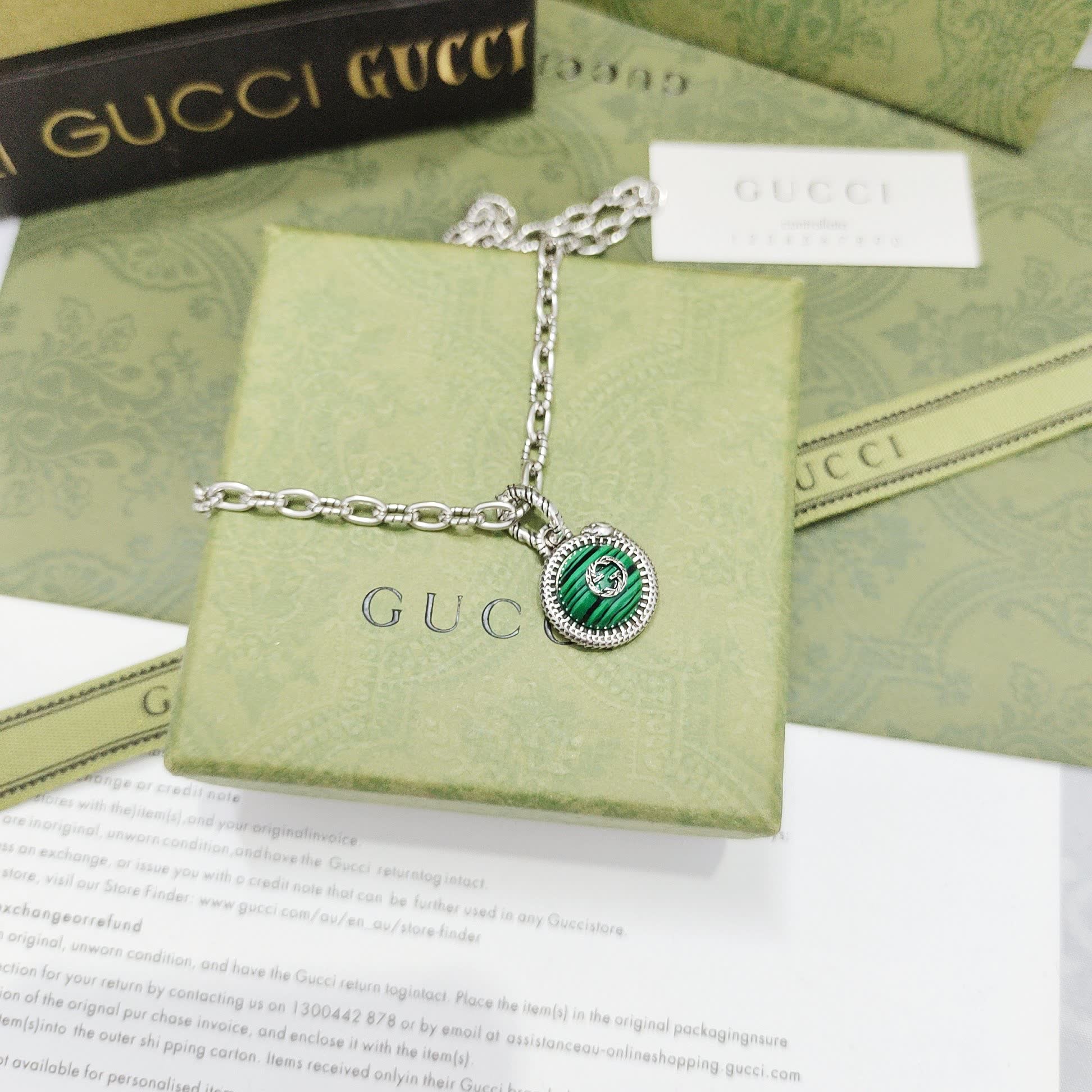 Gucci Silver Chain Necklace with Green Enamel and Logo