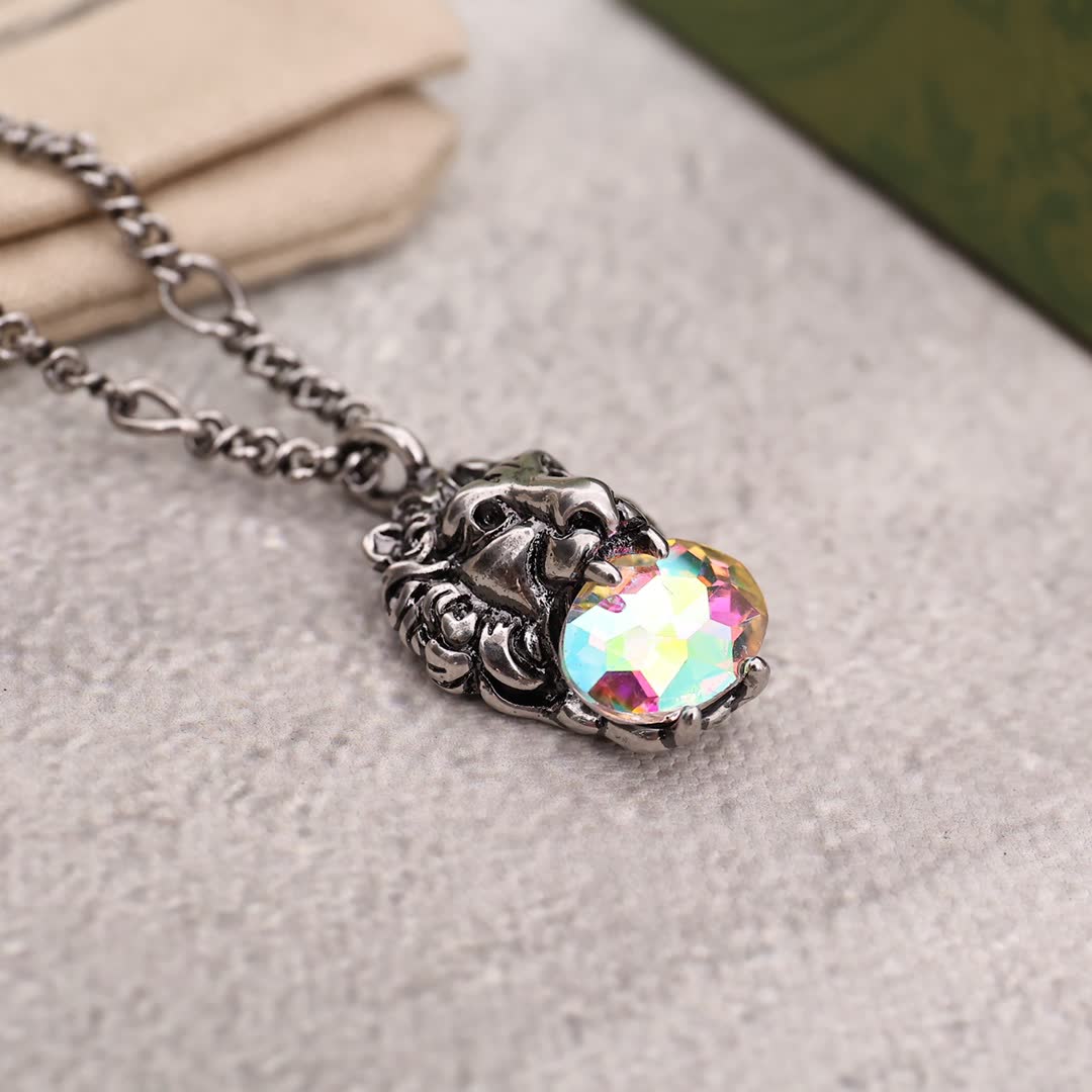 Gucci Lion Head Crystal Pendant Necklace