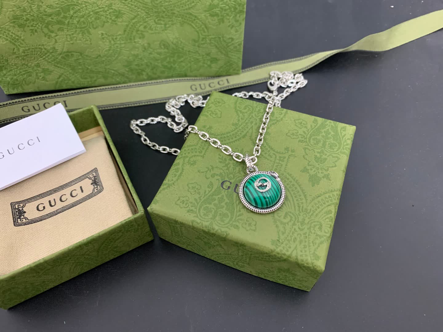 Gucci Green Enamel and Silver Pendant Necklace
