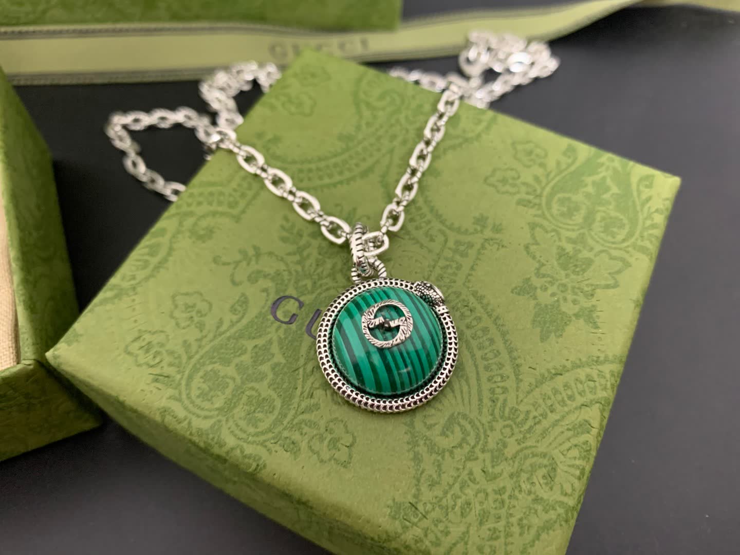 Gucci Green Enamel and Silver Pendant Necklace