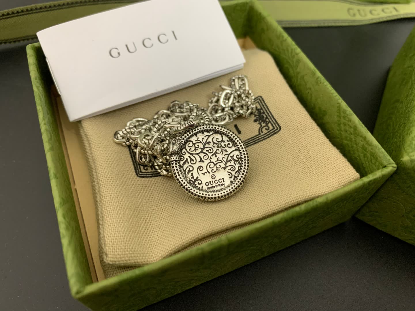 Gucci Green Enamel and Silver Pendant Necklace