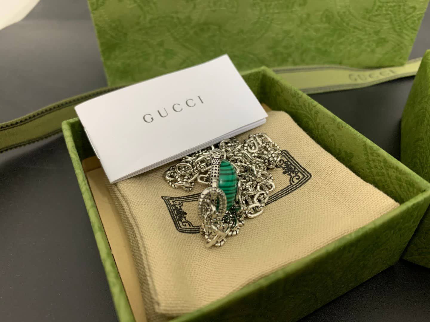 Gucci Green Enamel and Silver Pendant Necklace