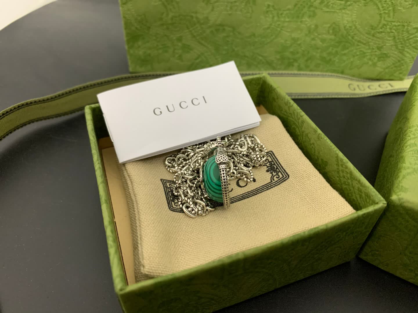 Gucci Green Enamel and Silver Pendant Necklace