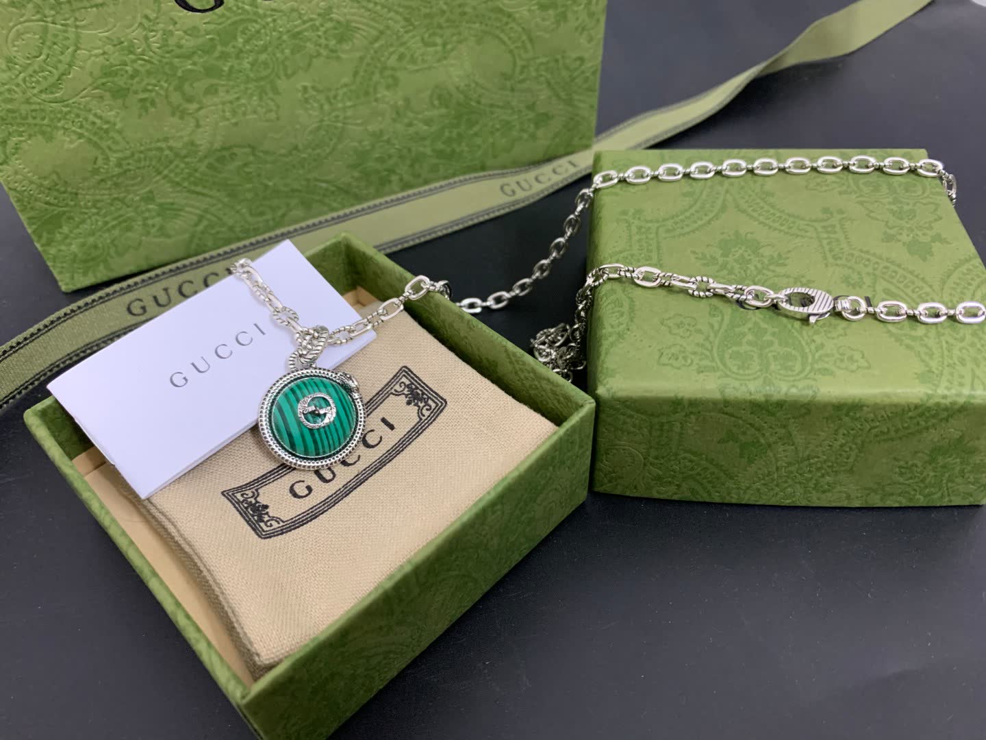 Gucci Green Enamel and Silver Pendant Necklace
