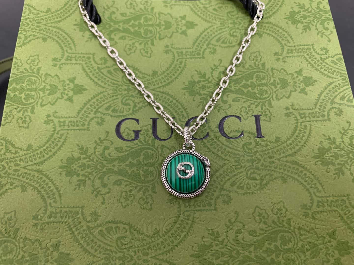 Gucci Green Enamel and Silver Pendant Necklace