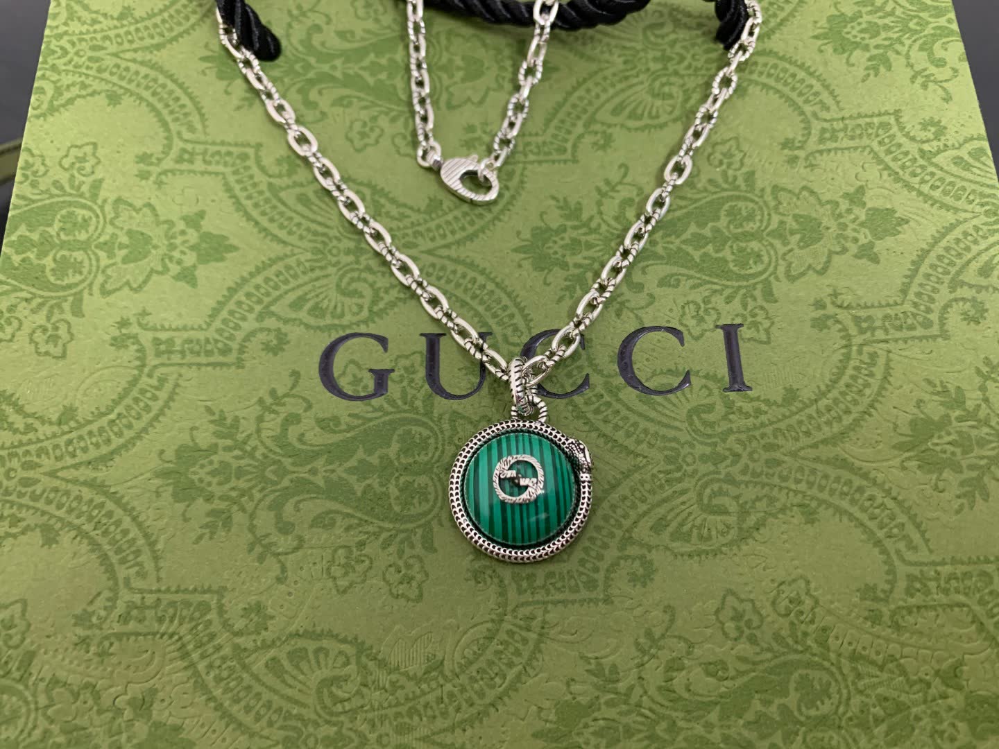 Gucci Green Enamel and Silver Pendant Necklace