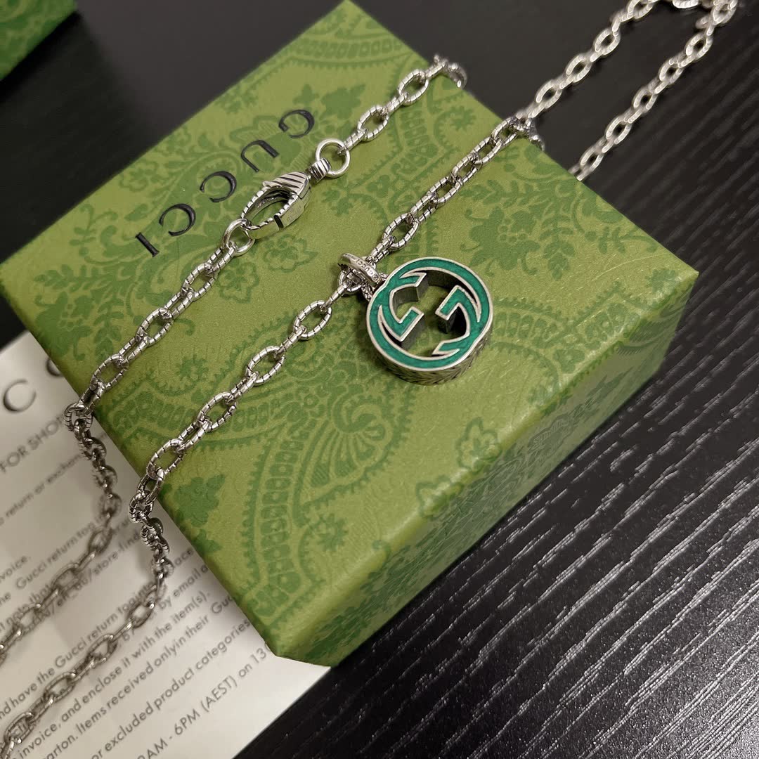 Gucci Silver Tone Green Enamel Interlocking G Pendant Necklace