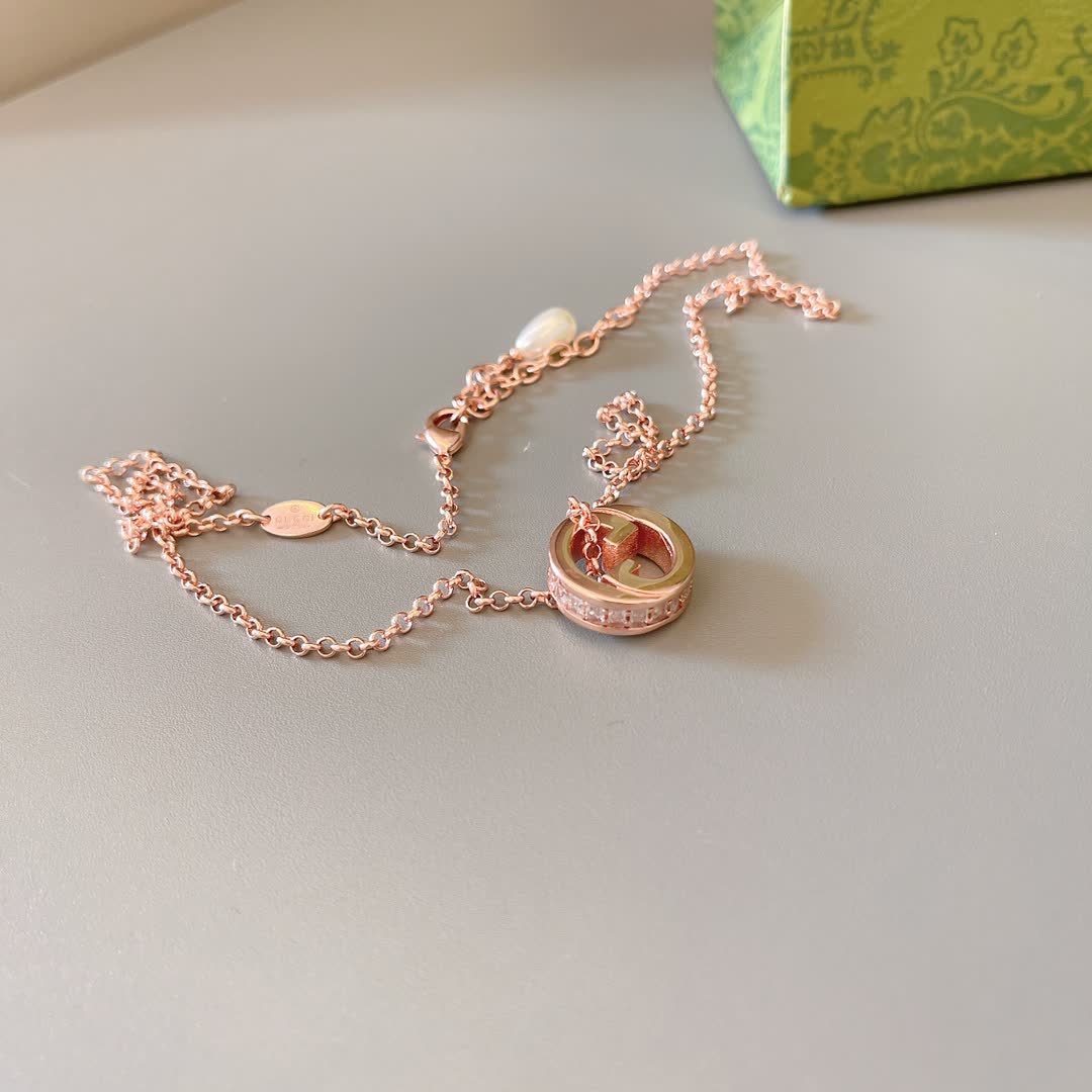 Gucci Rose Gold Interlocking G Necklace with Pearl Charm