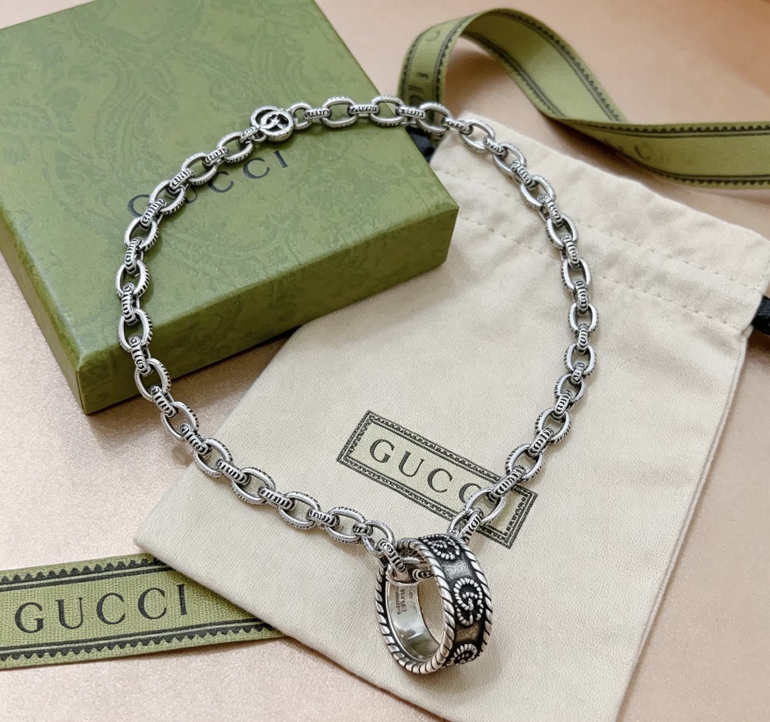 Gucci Silver Chain with Interlocking G Pendant