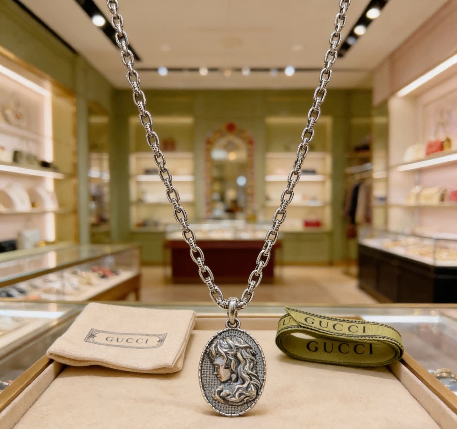 Gucci Silver Medallion Necklace