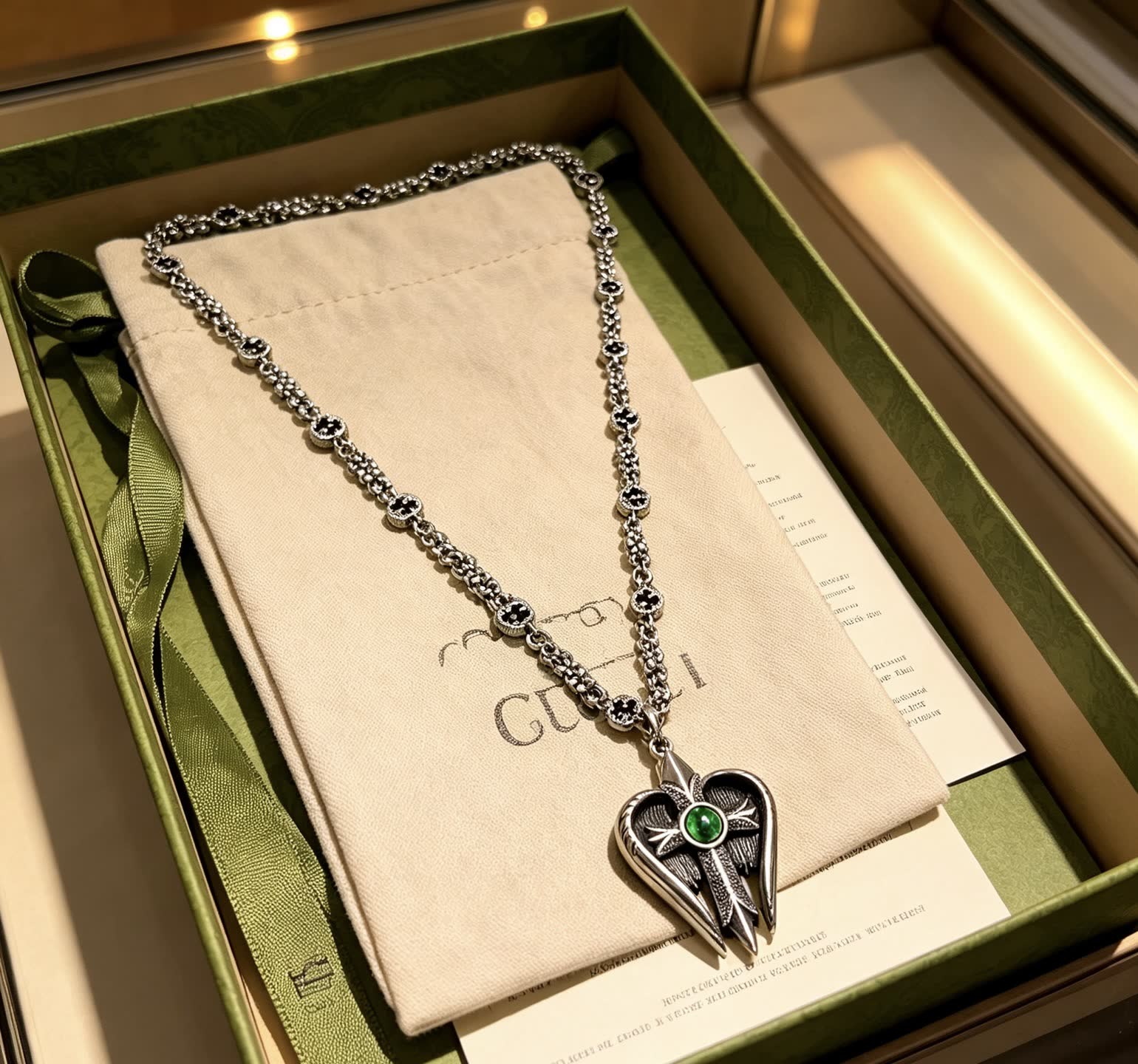 Gucci Silver Heart Pendant Necklace with Green Stone