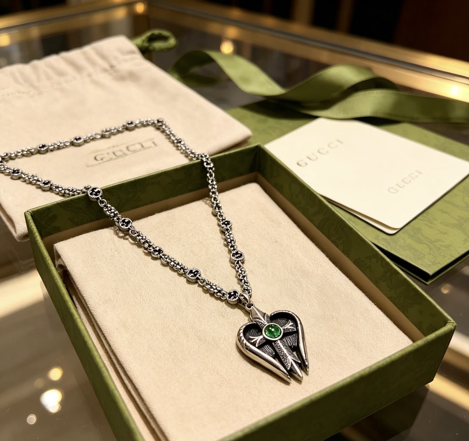 Gucci Silver Heart Pendant Necklace with Green Stone
