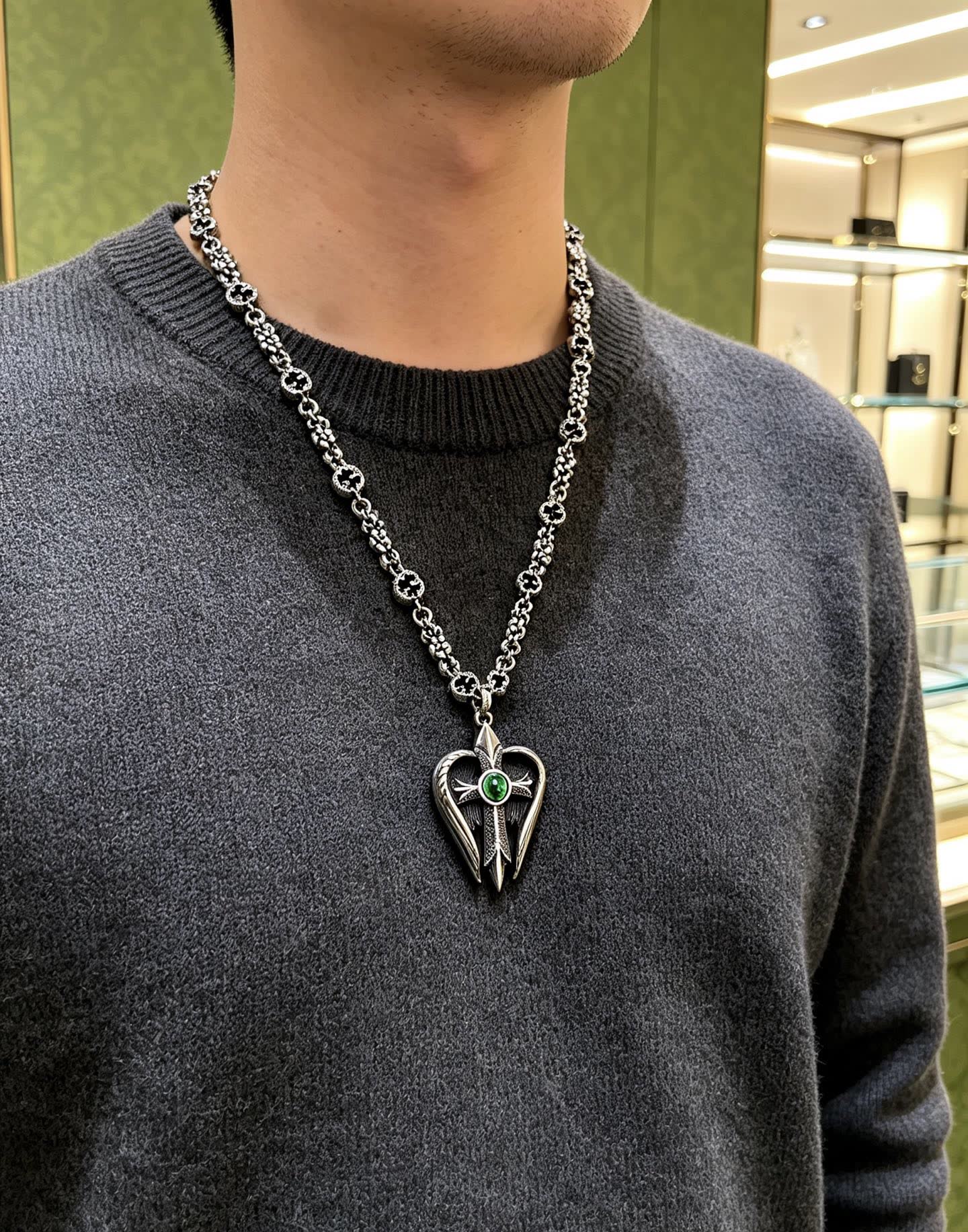 Gucci Silver Heart Pendant Necklace with Green Stone