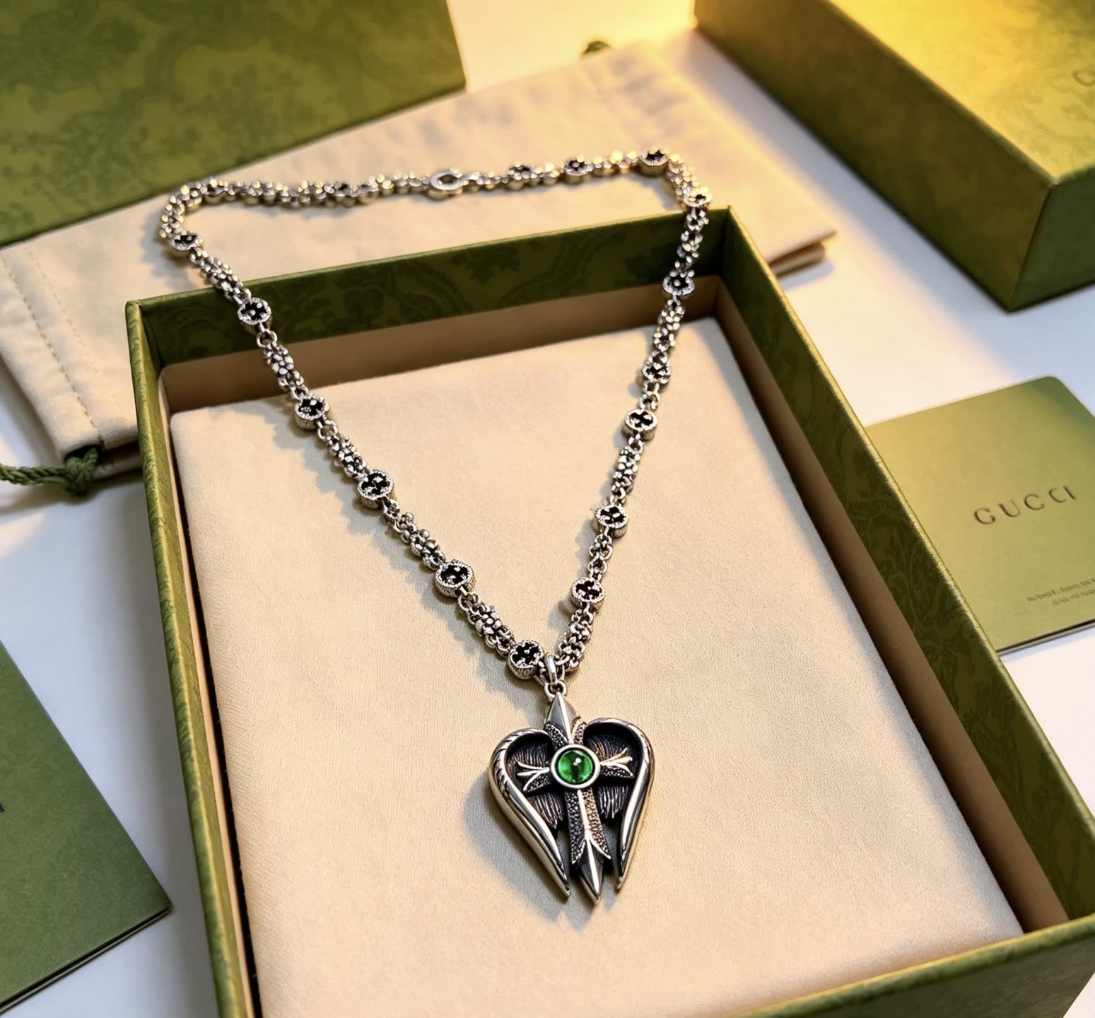 Gucci Silver Heart Pendant Necklace with Green Stone