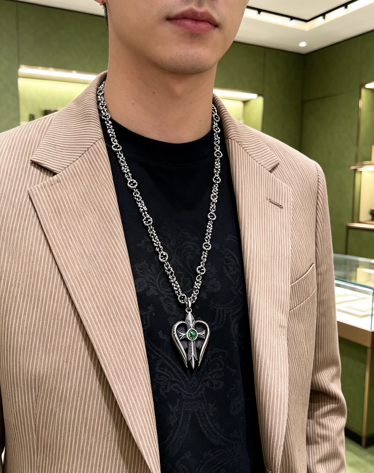 Gucci Silver Heart Pendant Necklace with Green Stone