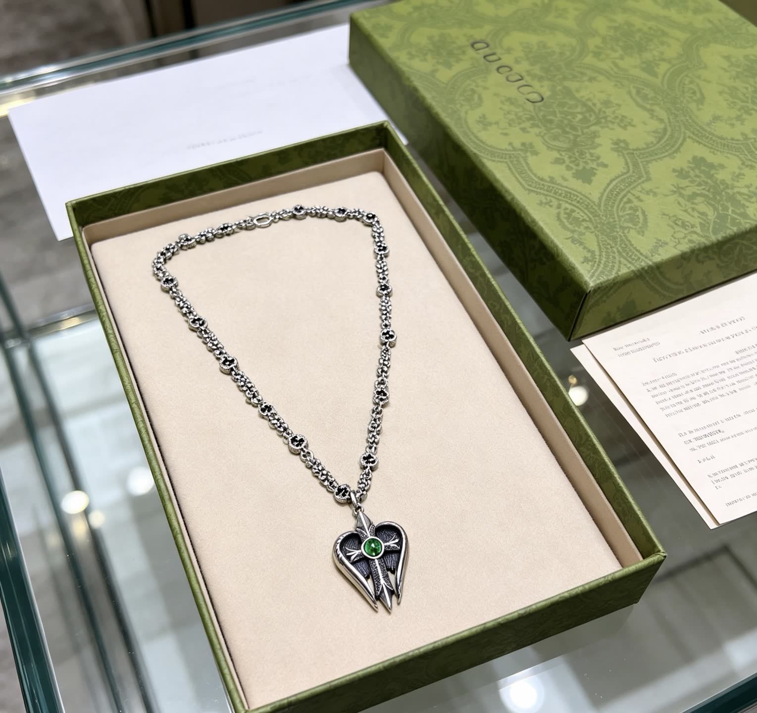 Gucci Silver Heart Pendant Necklace with Green Stone