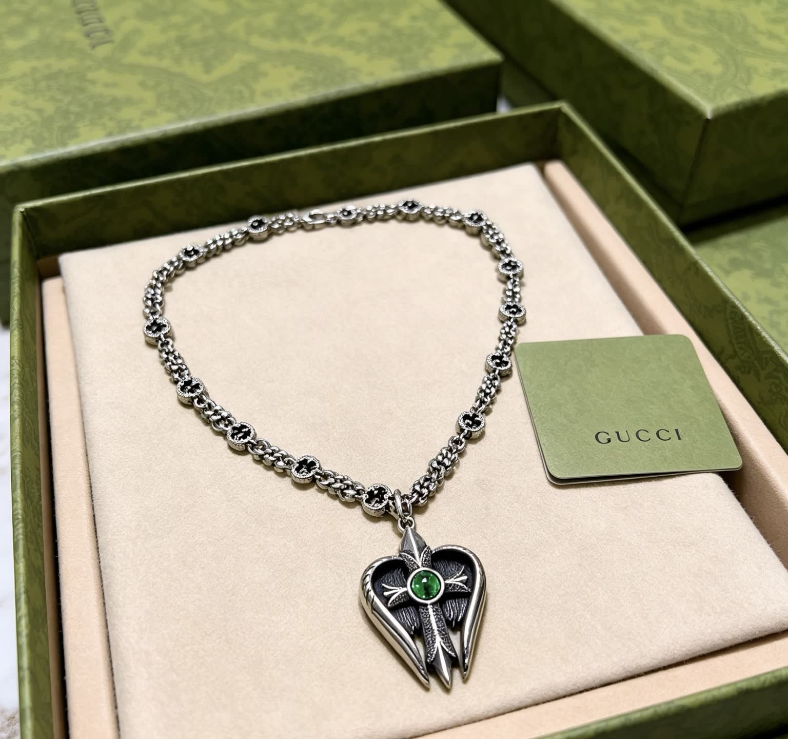 Gucci Silver Heart Pendant Necklace with Green Stone