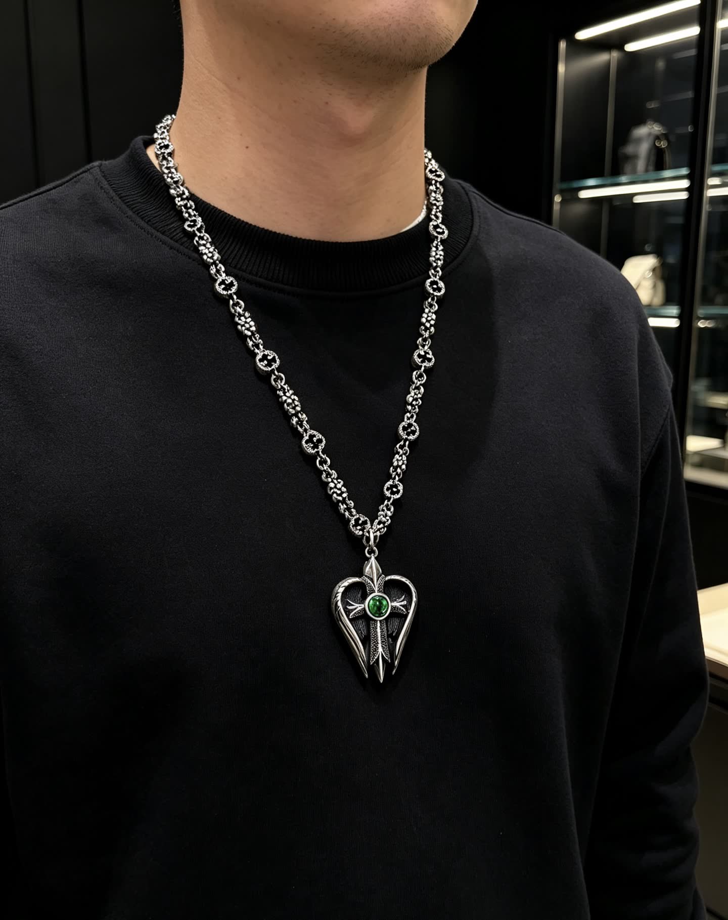 Gucci Silver Heart Pendant Necklace with Green Stone