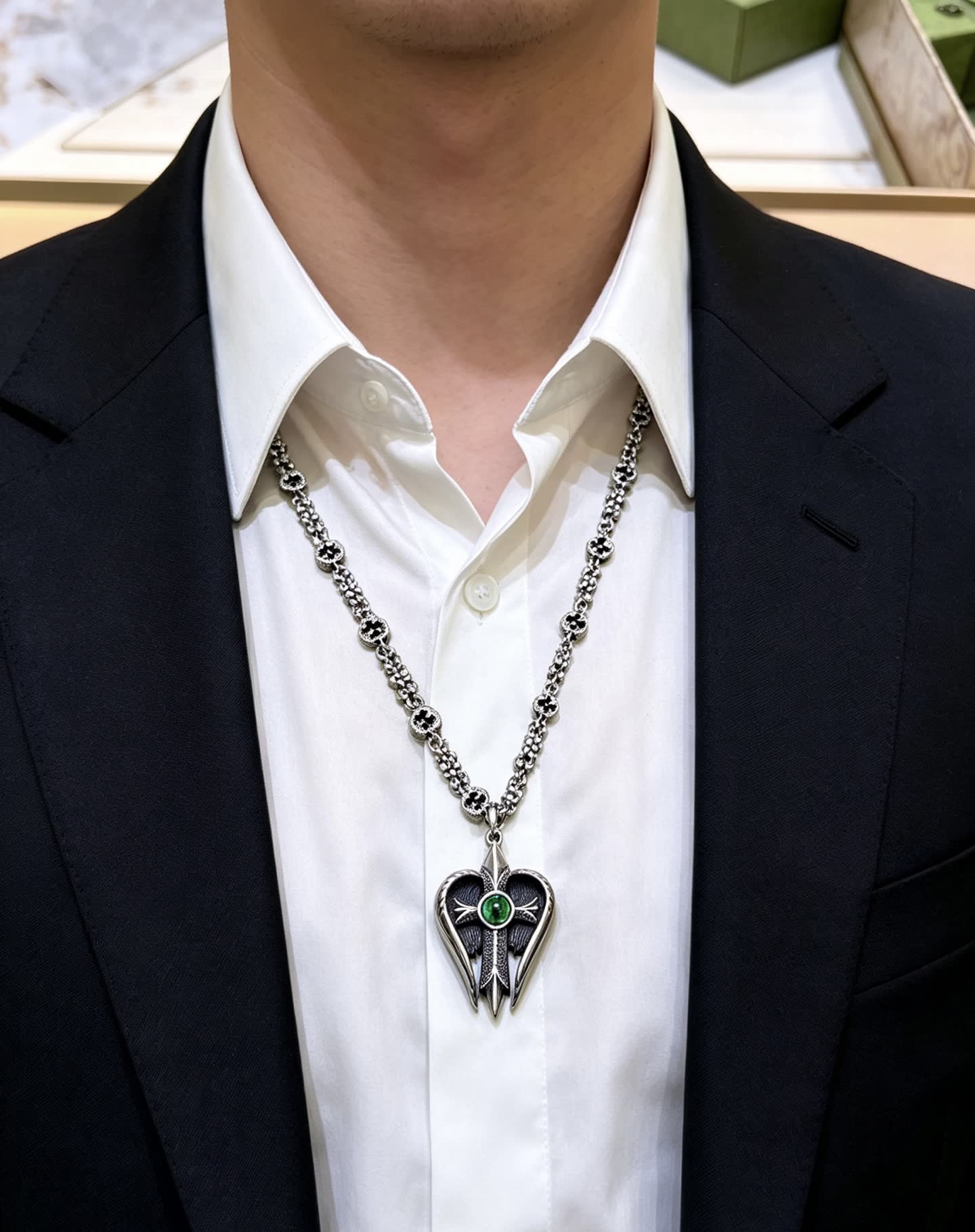 Gucci Silver Heart Pendant Necklace with Green Stone
