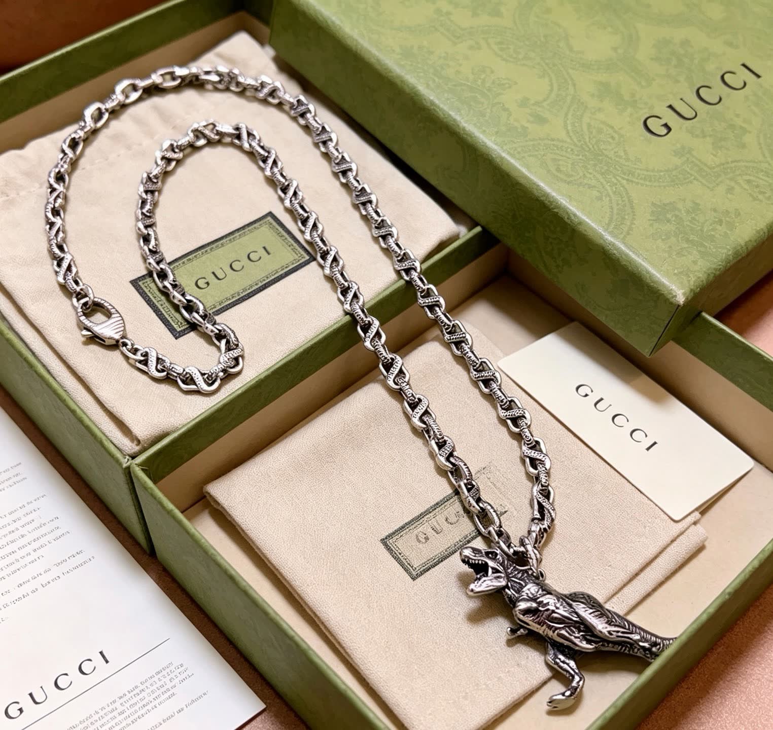 Gucci Silver T-Rex Pendant Necklace