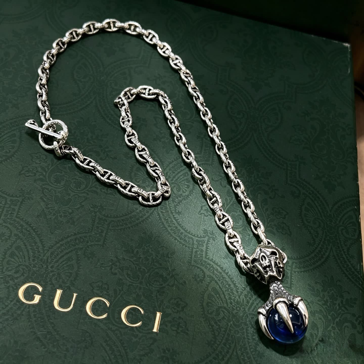 Gucci Silver Chain with Blue Crystal Pendant