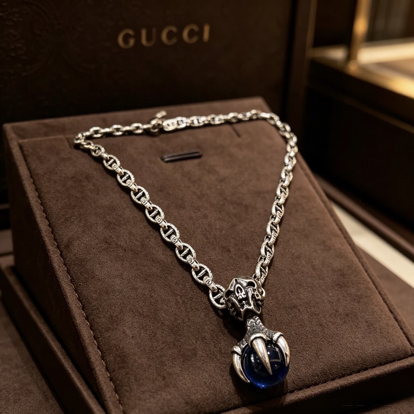 Gucci Silver Chain with Blue Crystal Pendant