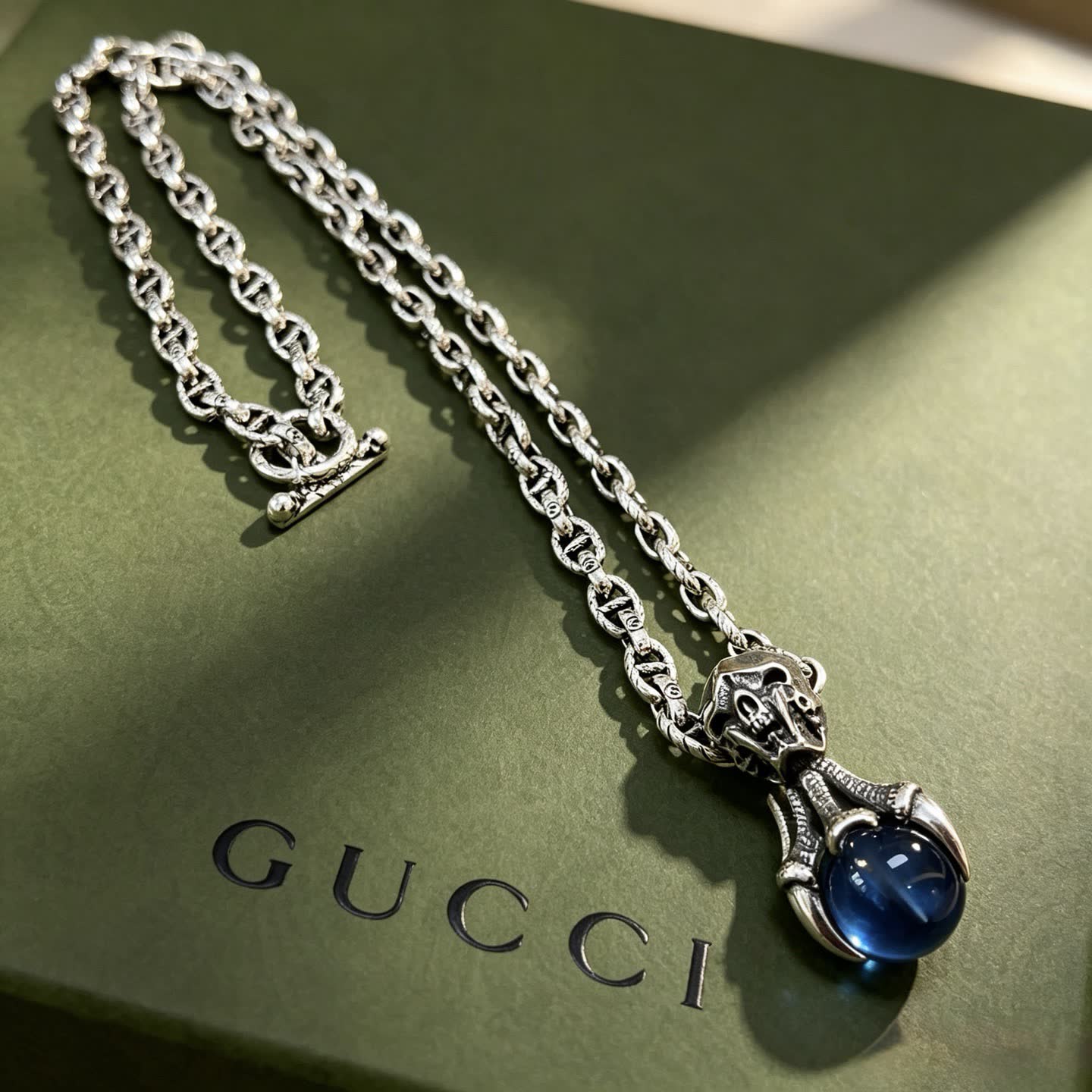 Gucci Silver Chain with Blue Crystal Pendant