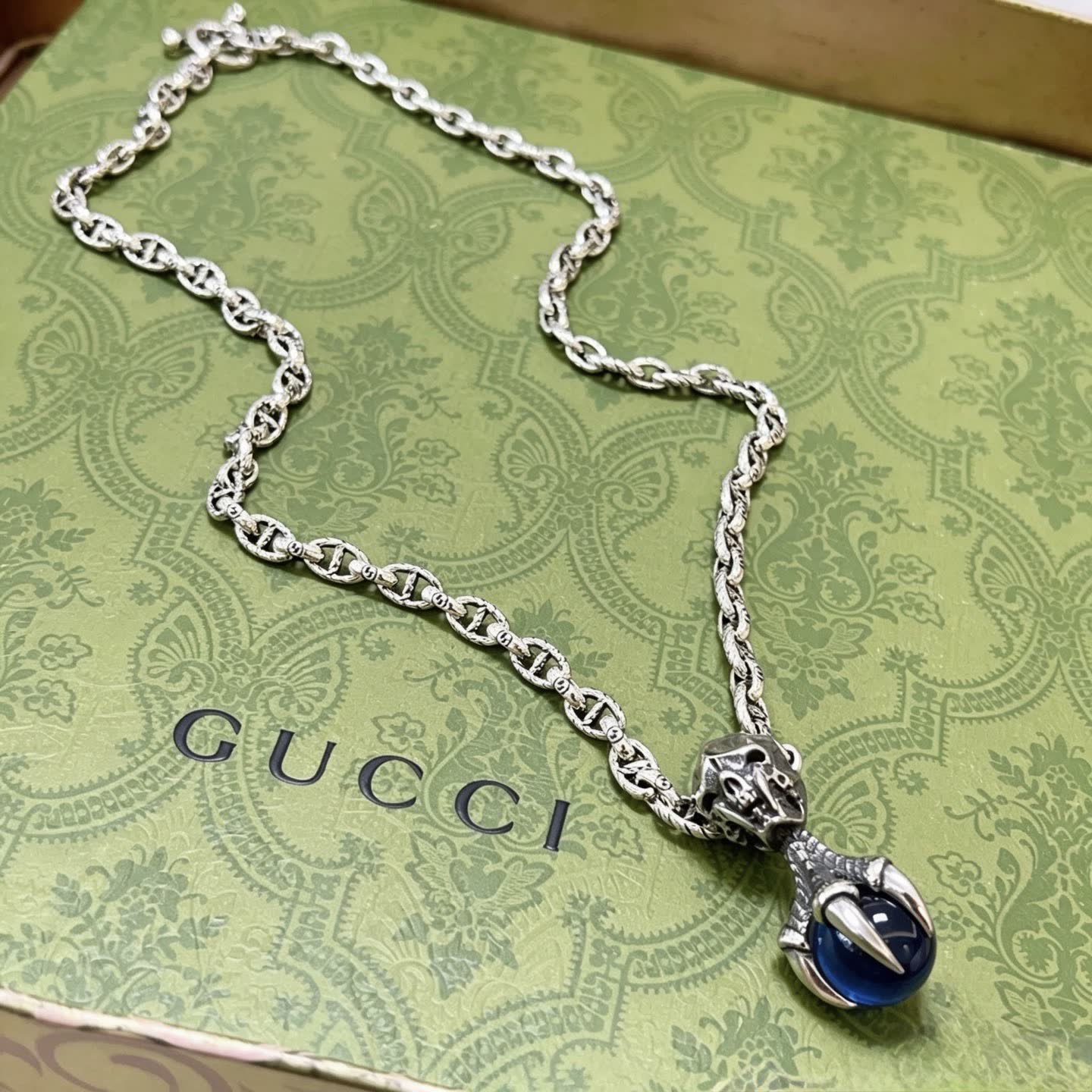 Gucci Silver Chain with Blue Crystal Pendant