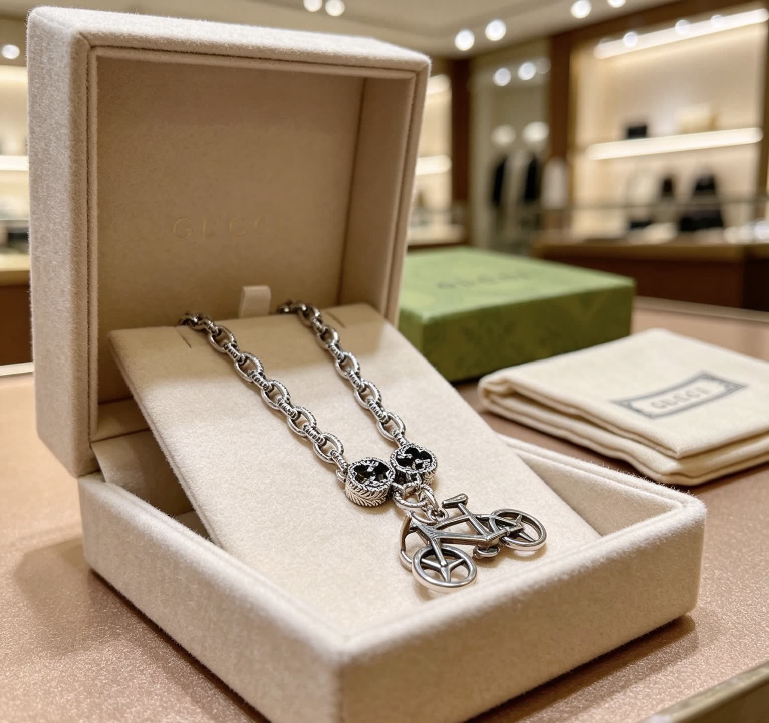 Gucci Silver Bicycle Pendant Necklace