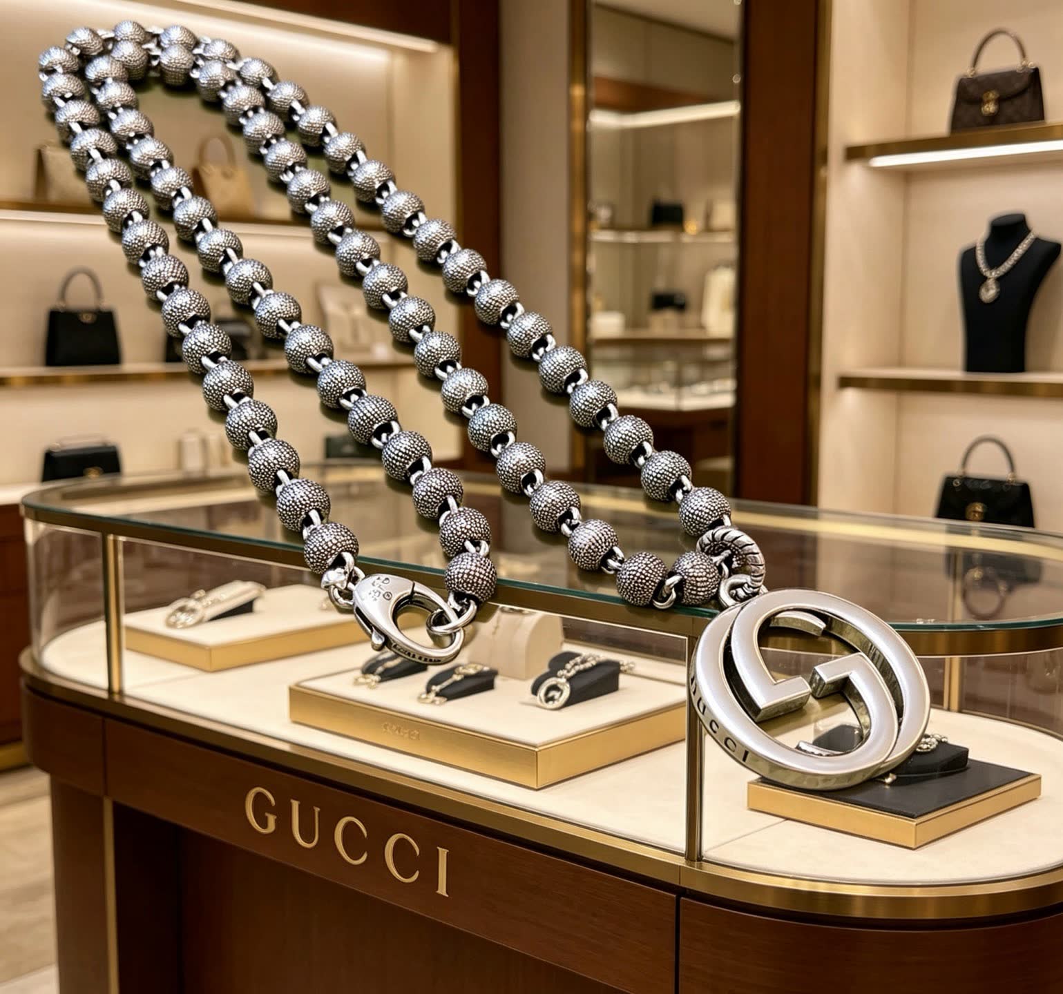 Gucci Silver Beaded Chain Necklace