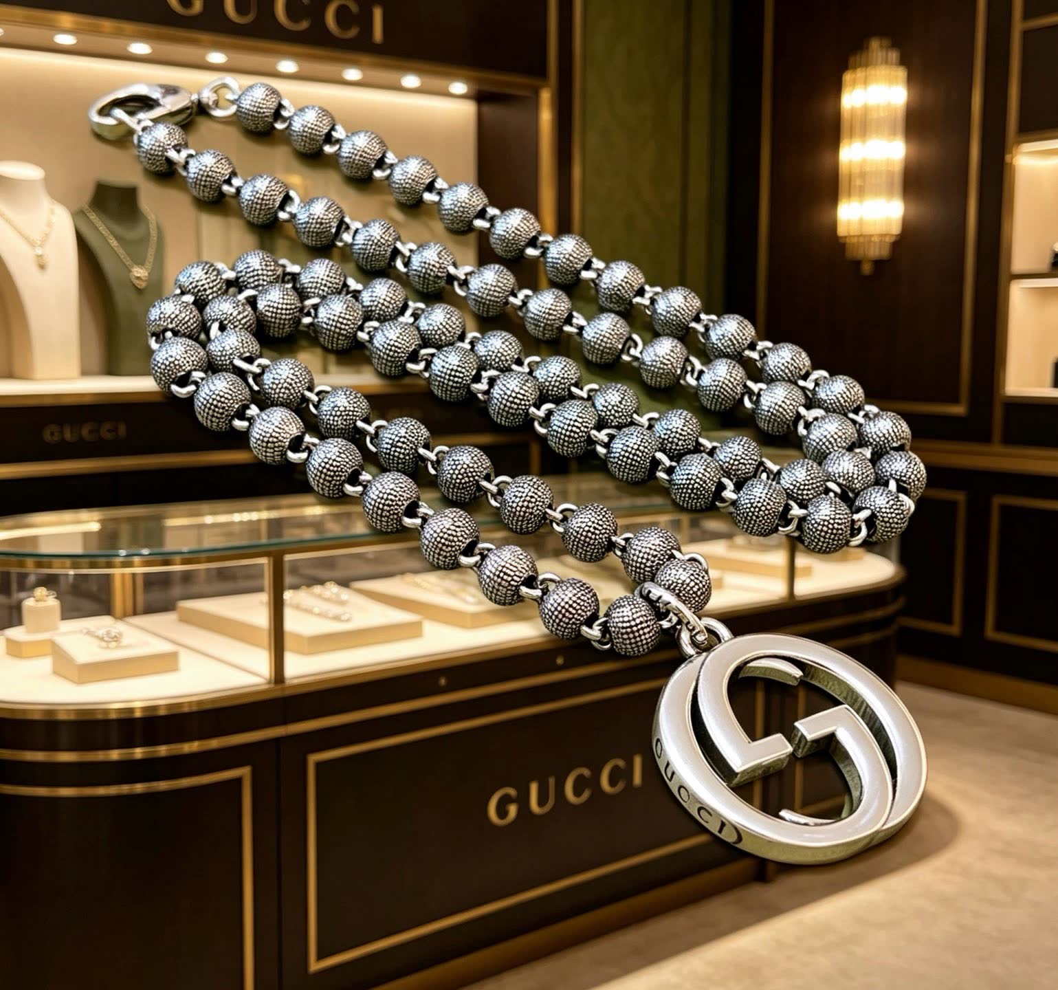 Gucci Silver Beaded Chain Necklace