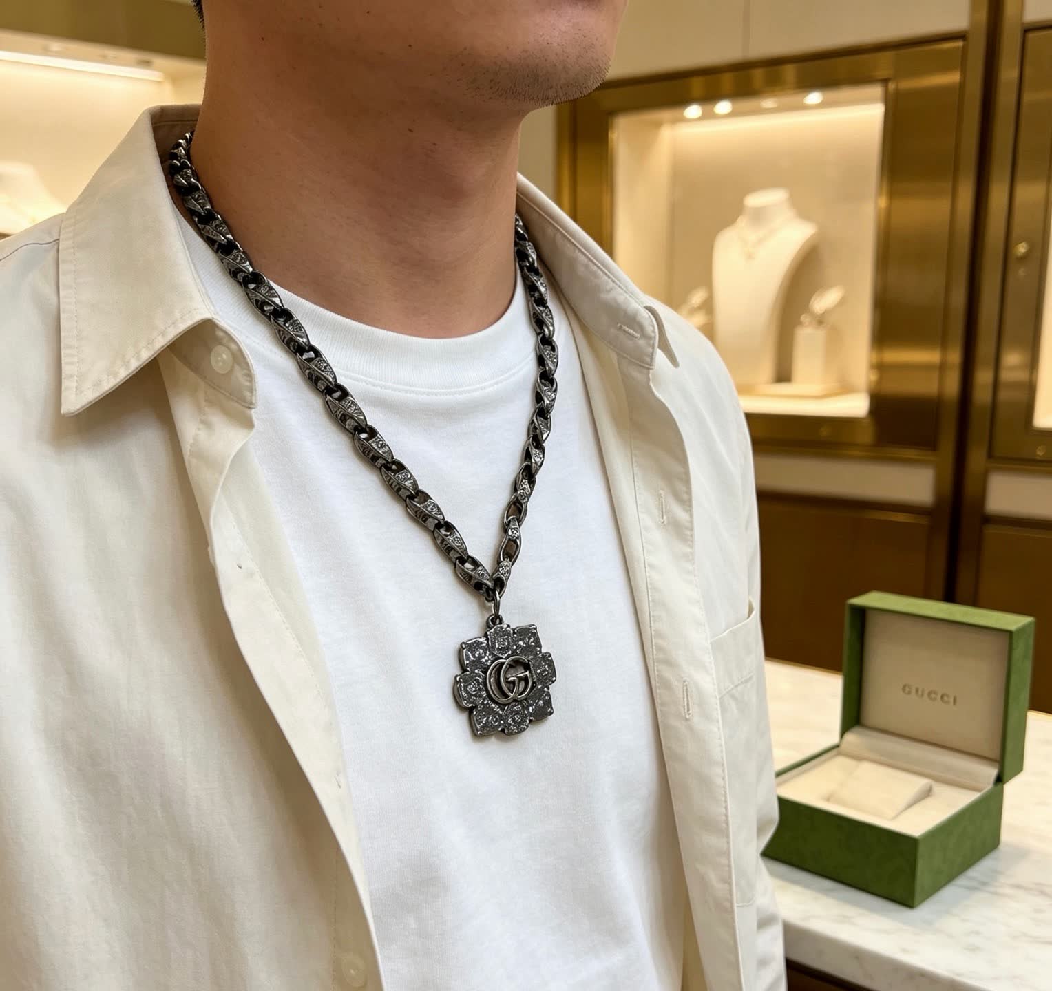 Gucci Silver Tone Chain Necklace with Interlocking G Pendant