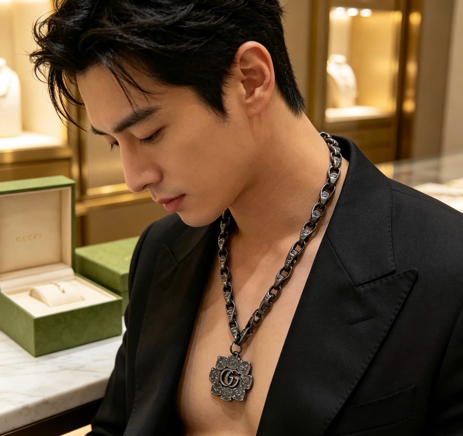 Gucci Silver Tone Chain Necklace with Interlocking G Pendant